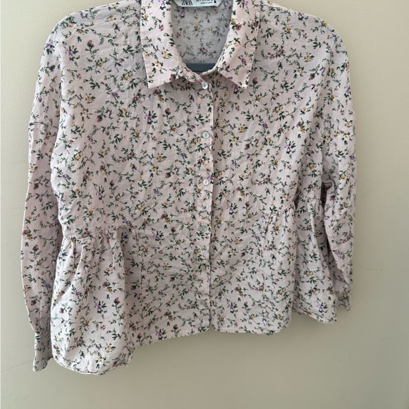 Zara cotton linen cottagecore floral Pink Button Down - Picture 1 of 9